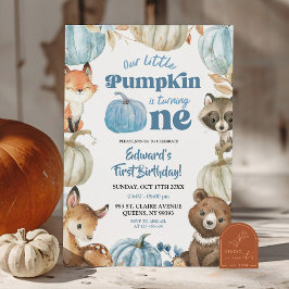 Convites Primeiro aniversario de Boho Pumpkin Blue Woodland