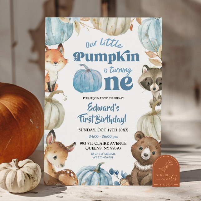 Convites Primeiro aniversario de Boho Pumpkin Blue Woodland (Criador carregado)