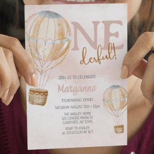 Convites Primeiro aniversario de Boho Rosa com Balão de Ar