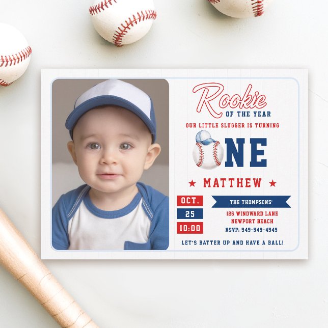 Convites Primeiro aniversario de Boné de Baseball Rookie St (rookie of the year 1st birthday invite boy baseball theme sports all star red blue stripes photo)