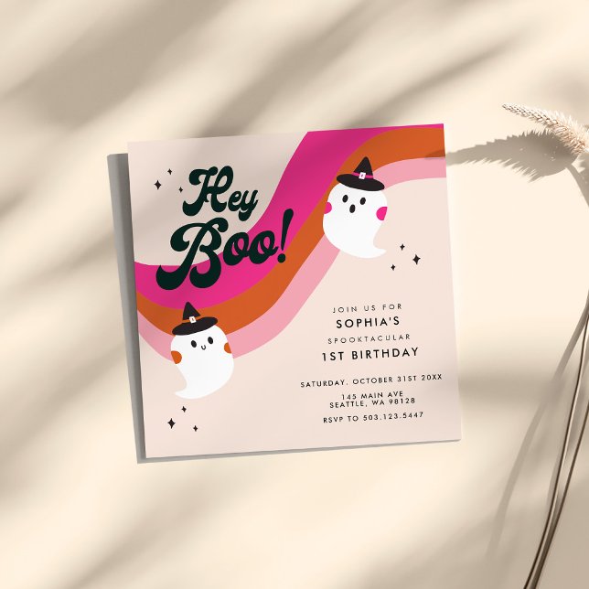 Convites Primeiro aniversario de Boo e Fantasma Bonito Retr (A groovy retro cute ghost square invitation for a child's 1st birthday party)