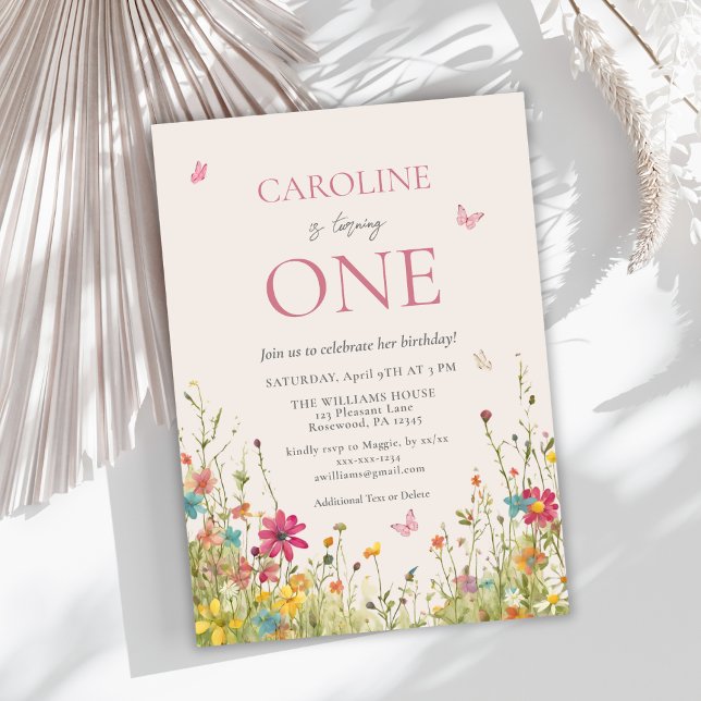 Convites Primeiro aniversario de Borboleta de Flor Selvagem (Criador carregado)