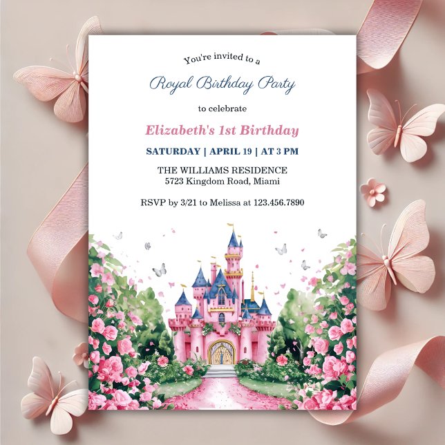 Convites Primeiro aniversario de Borboletas da Princesa Rea (Magical Royal Princess Butterflies 1st Birthday Invitation)