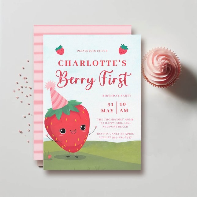 Convites Primeiro aniversario de Caractere de Morango de Be (girl berry first birthday party invitation cute watercolor strawberry character)