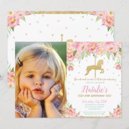Convites primeiro aniversario de Carrossel Floral rosa com 