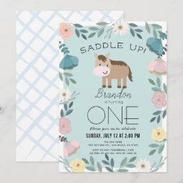Convites Primeiro aniversario de Cavalo Floral Azul