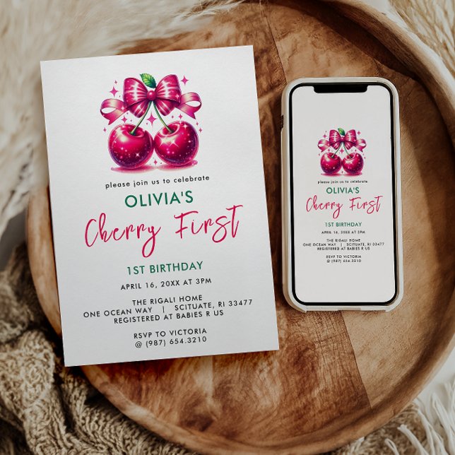 Convites Primeiro aniversario de Cherry Coquette Watercolor (Criador carregado)