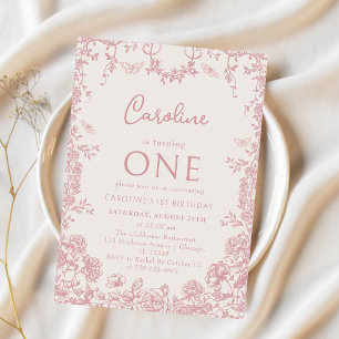 Convites Primeiro aniversario de Chinoiserie Floral Rosa