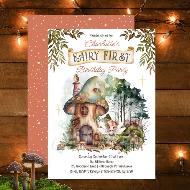 Convites Primeiro aniversario De Cogumelo De Primeira Madei (Fairy First Woodland Animals Mushrooms Girl's 1st Birthday Party Invitation)