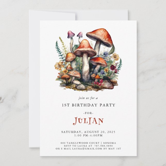 Convites Primeiro aniversario de Cogumelos Woodland (Frente)