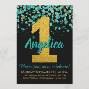 Convites Primeiro aniversario de Confetti Preto Glitter Dou