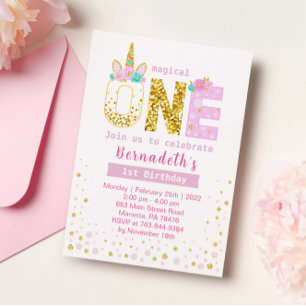 Convites Primeiro aniversario de Confetti Unicórnio Dourado