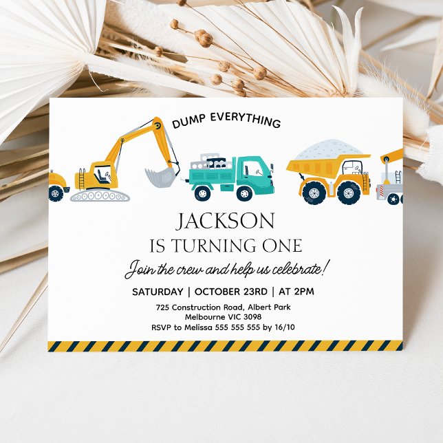 Convites Primeiro aniversario de Construção de Caminhão Mod (Modern Construction 1st Birthday Invitation, Dump Everything Construction Birthday Invite, Truck)