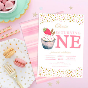 Convites Primeiro aniversario de Cupcake de Morango Rosa