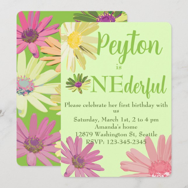Convites Primeiro Aniversário de Daisy Colorida Brilhante (Frente/Verso)