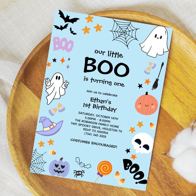 Convites Primeiro aniversario de Dia das Bruxas Azul (Blue Our Little Boo is Turning One Boy Halloween 1st Birthday Invitation )
