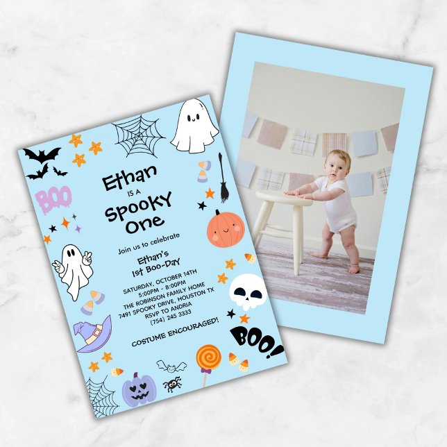 Convites Primeiro aniversario de Dia das Bruxas Azul, Uma F (Blue Spooky One Cute Photo Halloween 1st Birthday Invitation )