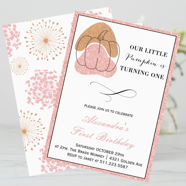 Convites Primeiro aniversario de Dia das Bruxas de Abóbora  (Halloween-1st-Birthday-Invitation-Pink-Girl-Fall-Pumpkin-1)