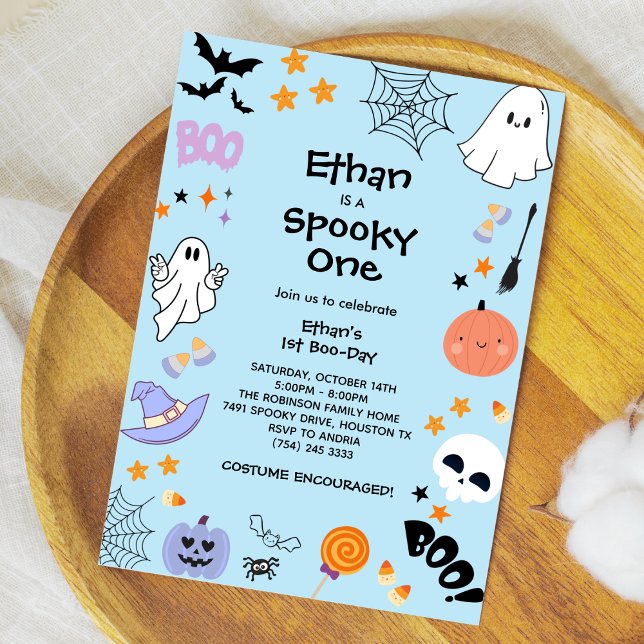 Convites Primeiro aniversario de Dia das Bruxas de Fantasma (Blue Spooky One Cute Ghost Halloween 1st Birthday Invitation )