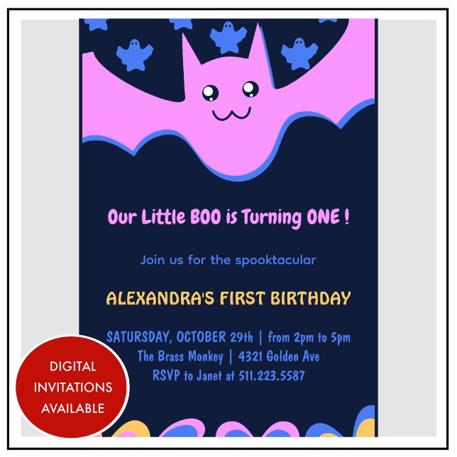 Convites Primeiro aniversario de Dia das Bruxas do Pequeno  (Halloween-1st-Birthday-Invitation-Ghost-Flying-bat-Little-boo-pink-1)