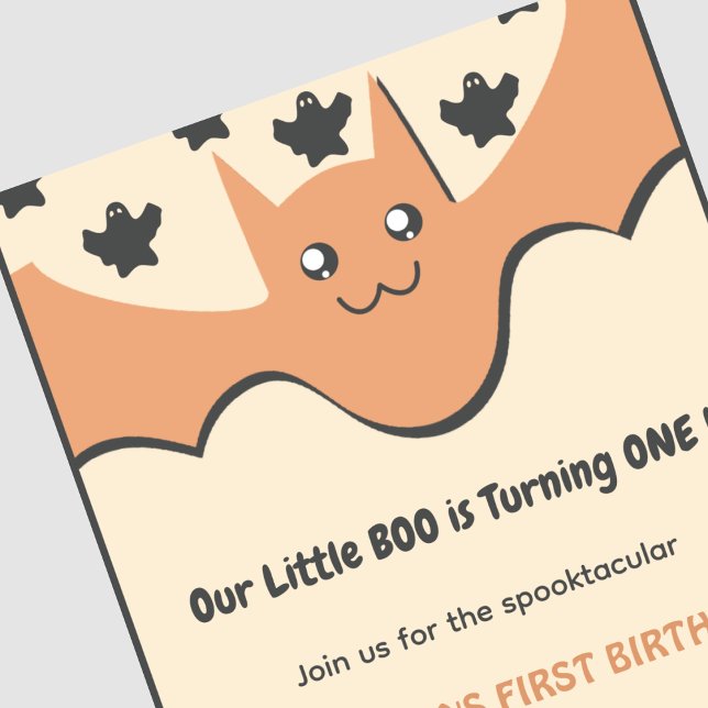 Convites Primeiro aniversario de Dia das Bruxas do Pequeno  (Halloween-1st-Birthday-Invitation-Ghost-Flying-bat-Little-boo-orange-1)