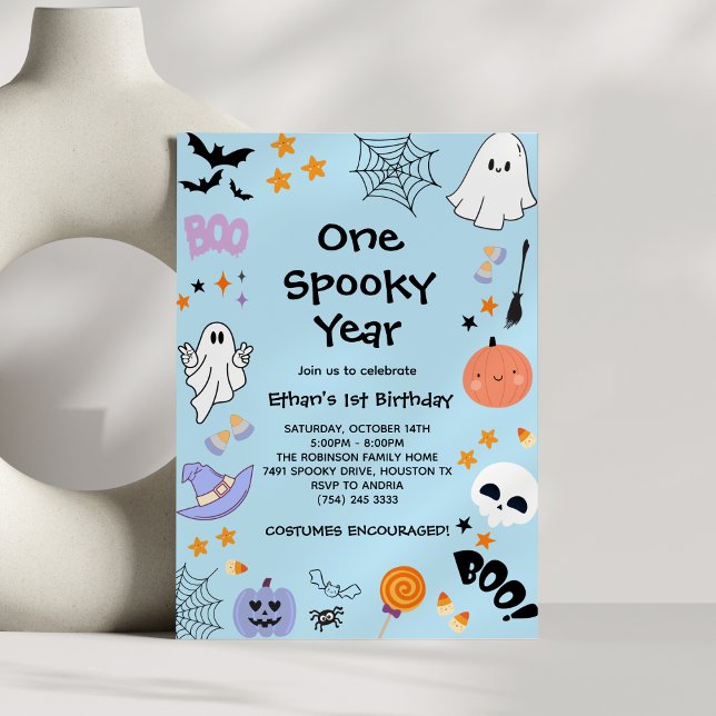 Convites Primeiro aniversario de Dia das Bruxas Fantasmas A (Blue One Spooky Year Ghost Halloween 1st Birthday Invitation )