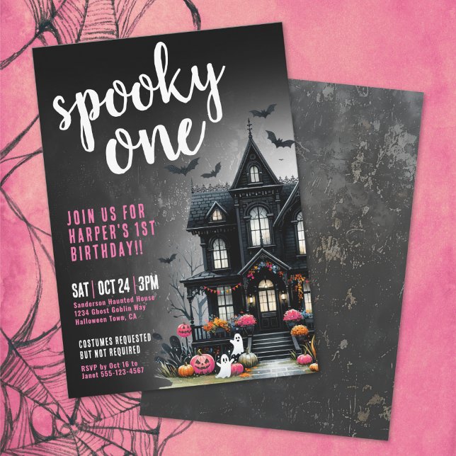 Convites Primeiro aniversario de Dia das Bruxas Rosa (Spooky One Pink Halloween 1st Birthday Invitation)