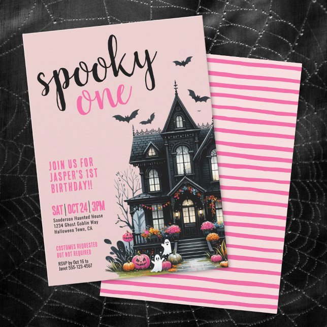 Convites Primeiro aniversario de Dia das Bruxas Rosa (Spooky One Pink Halloween 1st Birthday Invitation)