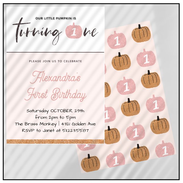 Convites Primeiro aniversario de Dia das Bruxas Rosa-Rosa (Halloween-1st-birthday-Invitation-Pumpkin-Girl-Pink-gold-Glitter-1)