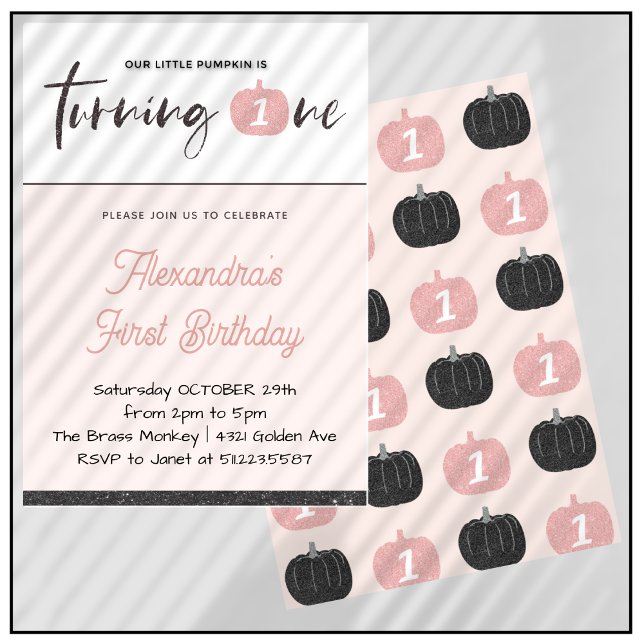 Convites Primeiro aniversario de Dia das Bruxas Rosa-Rosa (Halloween-1st-birthday-Invitation-Pumpkin-Girl-Pink-black-Glitter-1)