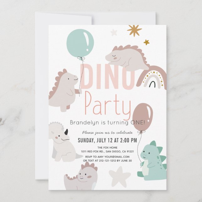 Convites Primeiro aniversario de Dino Party Pink Dinossaur  (Frente)