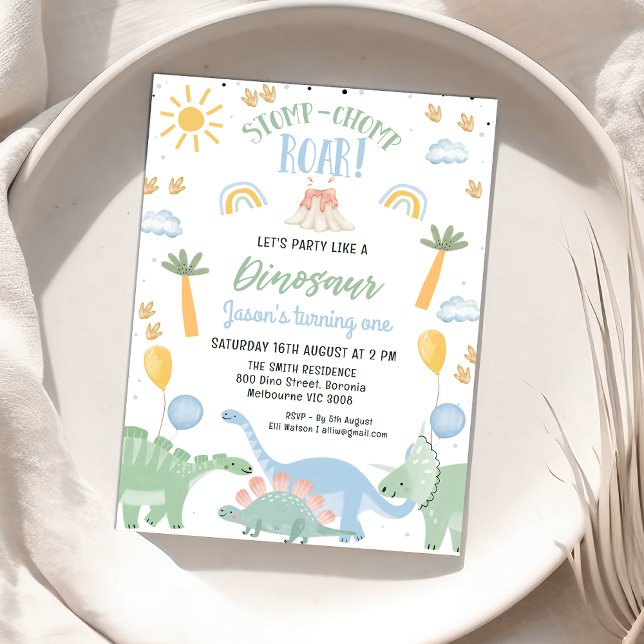 Convites Primeiro aniversario De Dinossauro De Chomp De Cho (Stomp Chomp Roar Party Like A Dinosaur Birthday Invitation Boy, Dinosaur Themed 1st Birthday Invite)