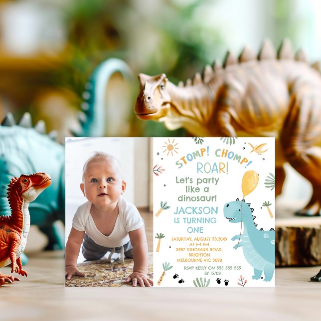 Convites Primeiro aniversario De Dinossauro Do Chomp Roar D (Stomp, Chomp, Roar Dinosaur 1st Birthday invitation,  Dinosaur Themed Birthday Invitation Template)
