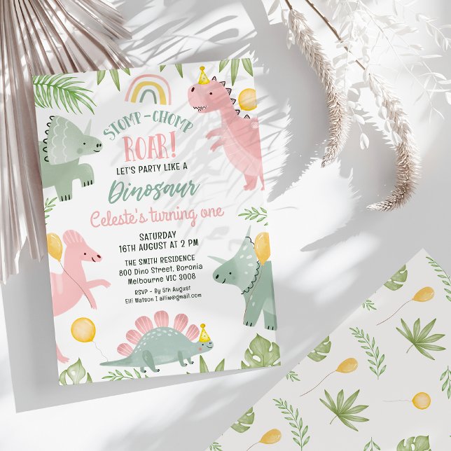 Convites Primeiro aniversario de Dinossauro, Moças Verdes R (Pink Party Like Dinosaur 1st Birthday Invitation Girl, Stomp Chomp Roar Dino Birthday Invitation)