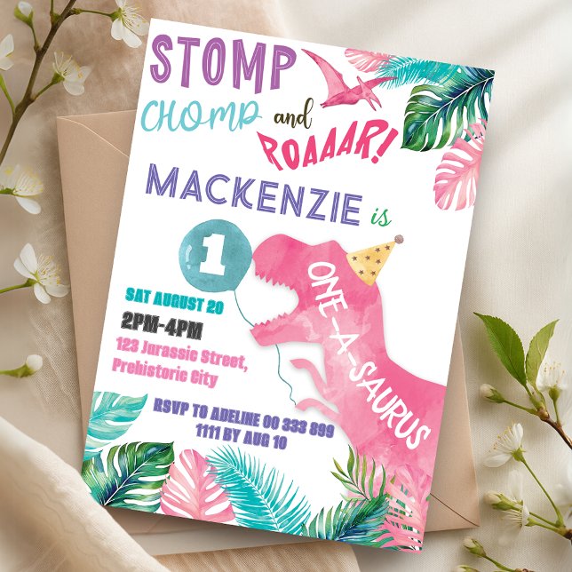 Convites Primeiro aniversario de Dinossauro Rosa Um-A-Surus (One-A-Saurus Pink Dinosaur 1st Birthday Girl Invitation)