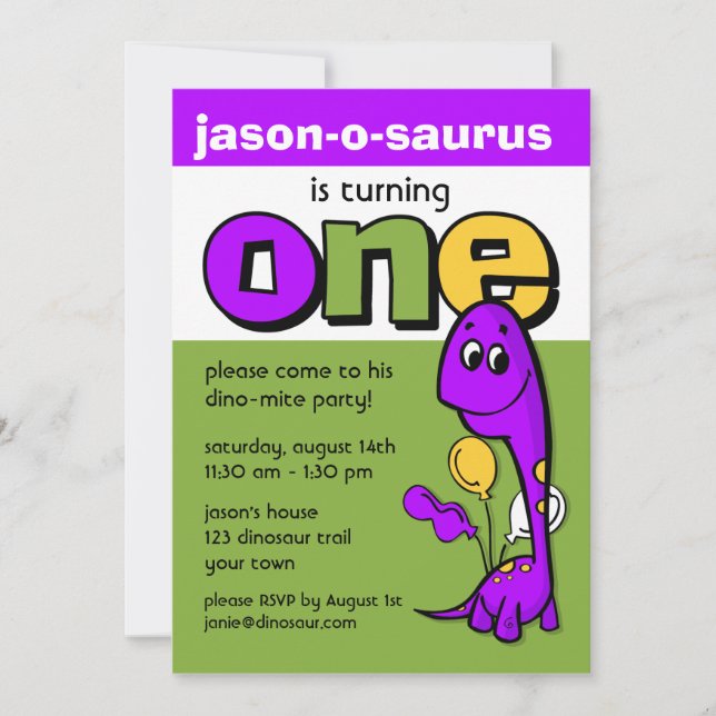 Convites primeiro aniversario de Dinossauro Roxo (Frente)