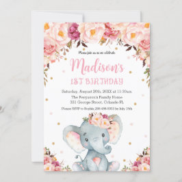 Convites Primeiro aniversario de Elefante Cor Floral Cor-de