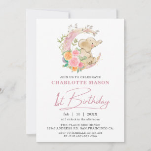 Convites Primeiro aniversario de Elefante de Moon Floral Ro