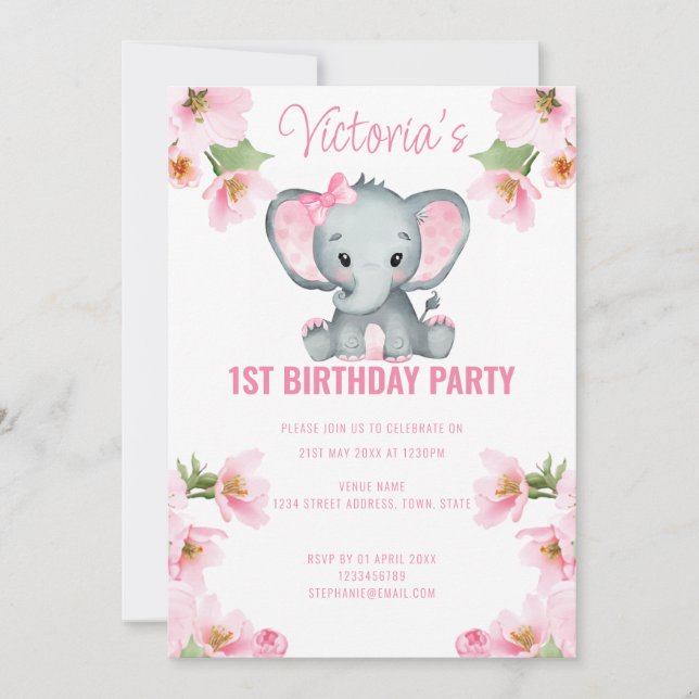 Convites Primeiro aniversario de Elefante Floral Rosa (Frente)
