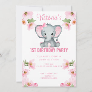 Convites Primeiro aniversario de Elefante Floral Rosa