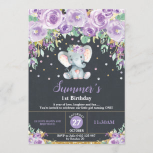Convites primeiro aniversario de Elefante Floral Roxo