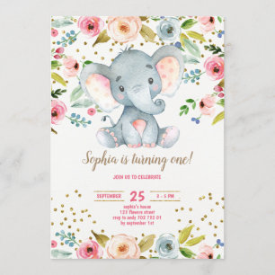 Convites Primeiro aniversario de Elefante Floral Rustic Blu