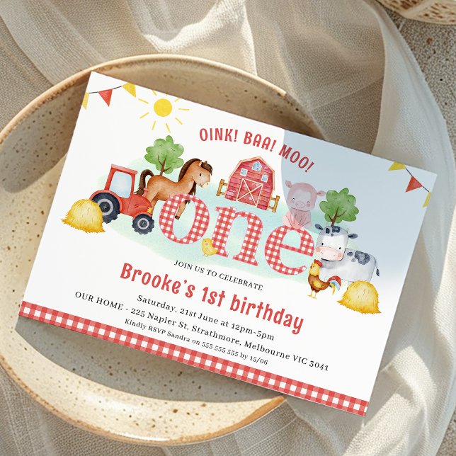Convites Primeiro aniversario de Fazenda de Oink Xadrez Bra (Red Gingham Farm Fist Birthday Invitation For baby Girl, Barnyard 1st Birthday Invite, Farm Animals
)
