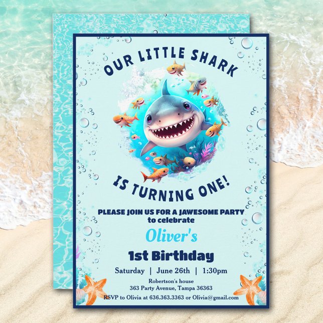 Convites Primeiro aniversario de Festa de aniversário de tu (Little Shark Pool Birthday Party Boy 1st Birthday)