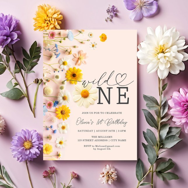 Convites Primeiro aniversario de flor selvagem de uma garot (Criador carregado)