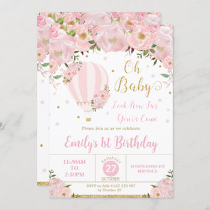 Convites Primeiro aniversario de Flores Florais Rosa-Rosa-B