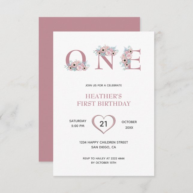 Convites Primeiro aniversario de Flores Rosa (Frente/Verso)