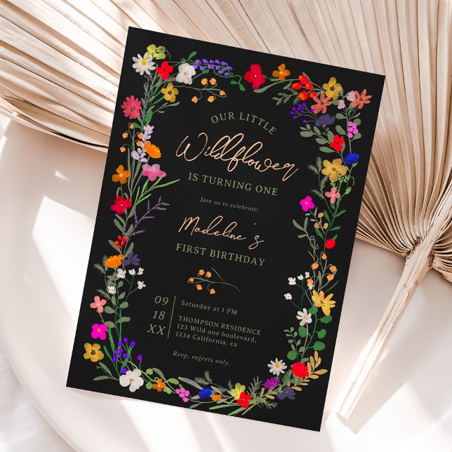 Convites Primeiro aniversario de flores silvestres brilhant (Criador carregado)