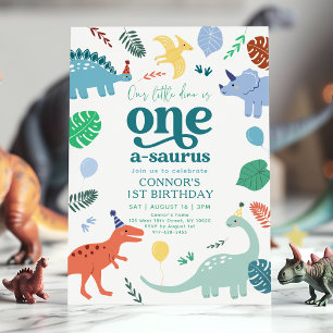 Convites Primeiro aniversario de Folhas do Dinossauro Blue 