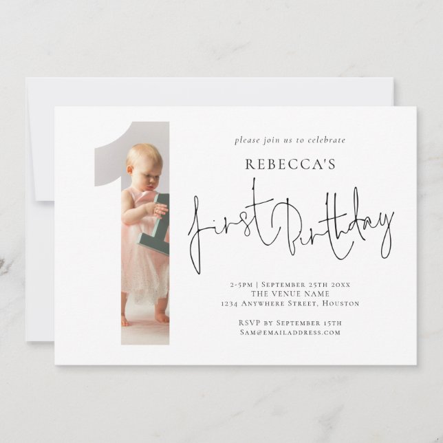 Convites Primeiro aniversario de Forma Número Um da Foto Mo (Frente)